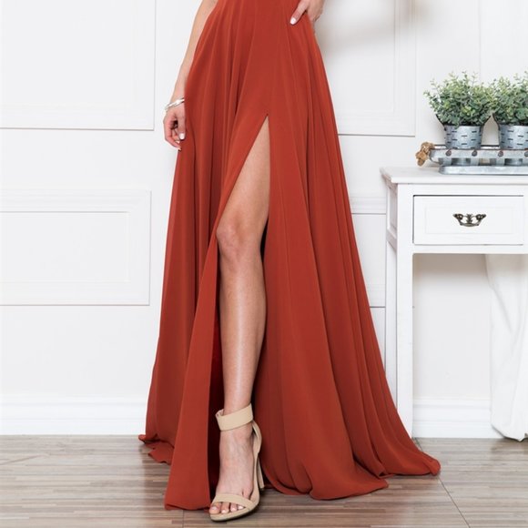 Burnt Orange Chiffon A-Line Wedding Party Evening Long Maxi Dress Gown AC7008 - Picture 4 of 8